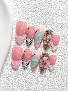10Pcs Sweet And Edgy Style Handmade Nail Art Set,Unghie Press On,Butterflies, Sparkling Diamonds,Flower,Pink, Black And Mint Green Nail Polish,Includes Nail Tools,3 Sizes Available,Almond Nails , Duck Nails,Coffin Nails For Party, Dance, Daily Wear. - 彩色 - 查看 15