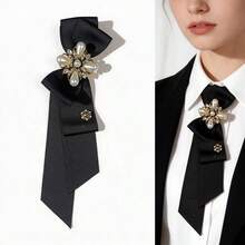 British Retro College Style Black Pearl Bow Tie With Rhinestones For Women, No-Knot Design Bow Tie Accessory - 黑色 - 查看 1