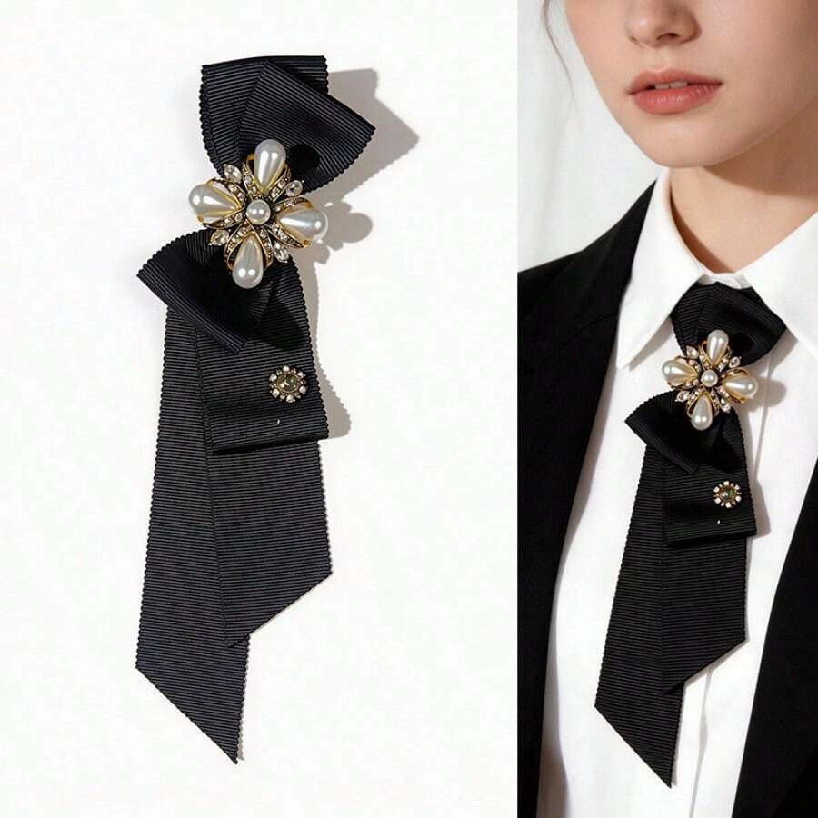 British Retro College Style Black Pearl Bow Tie With Rhinestones For Women, No-Knot Design Bow Tie Accessory - 黑色 - 查看 1