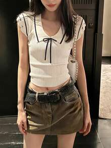 Áo thun tay ngắn dễ thương dành cho nữ, áo dệt kim tay ngắn ôm dáng có cổ. - trắng - Xem 4
