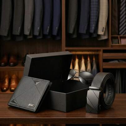 Conjunto Versátil Minimalista Casual de Negócios Masculino em 3 Peças: Carteira de Couro PU + Cinto Versátil + Óculos de Moda Elegantes, Essencial para Uso Diário e Transporte, Presente Perfeito para Amigos, Namorados, Pais em Aniversários, Aniversários, Dia dos Pais, Dia de São Patrício, Formatura, Volta às Aulas, Casamentos