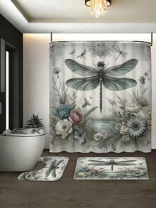 1/3/4 Pieza Juego de baño vintage con libélula y flores, decoración del hogar, cortina de ducha, cortina de ducha, juego de cortina de ducha, suministros de baño juego completo, que incluye cortina de ducha y juego de alfombra. Múltiples tamaños de cortina de ducha (72"X72", 35.4"X72", 47.2"X72", 59"X72") y juegos a juego, hechos de poliéster resistente a la decoloración y al moho. - libélula - Ver 4