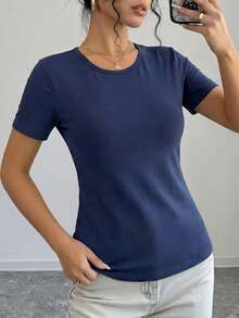 1pc Women's Scented T-Shirt With Built-In Bra, Wireless Short Sleeve Top With Fixed Padding, Slim Fit Solid Color Top Summer - Navy Blue - View 3