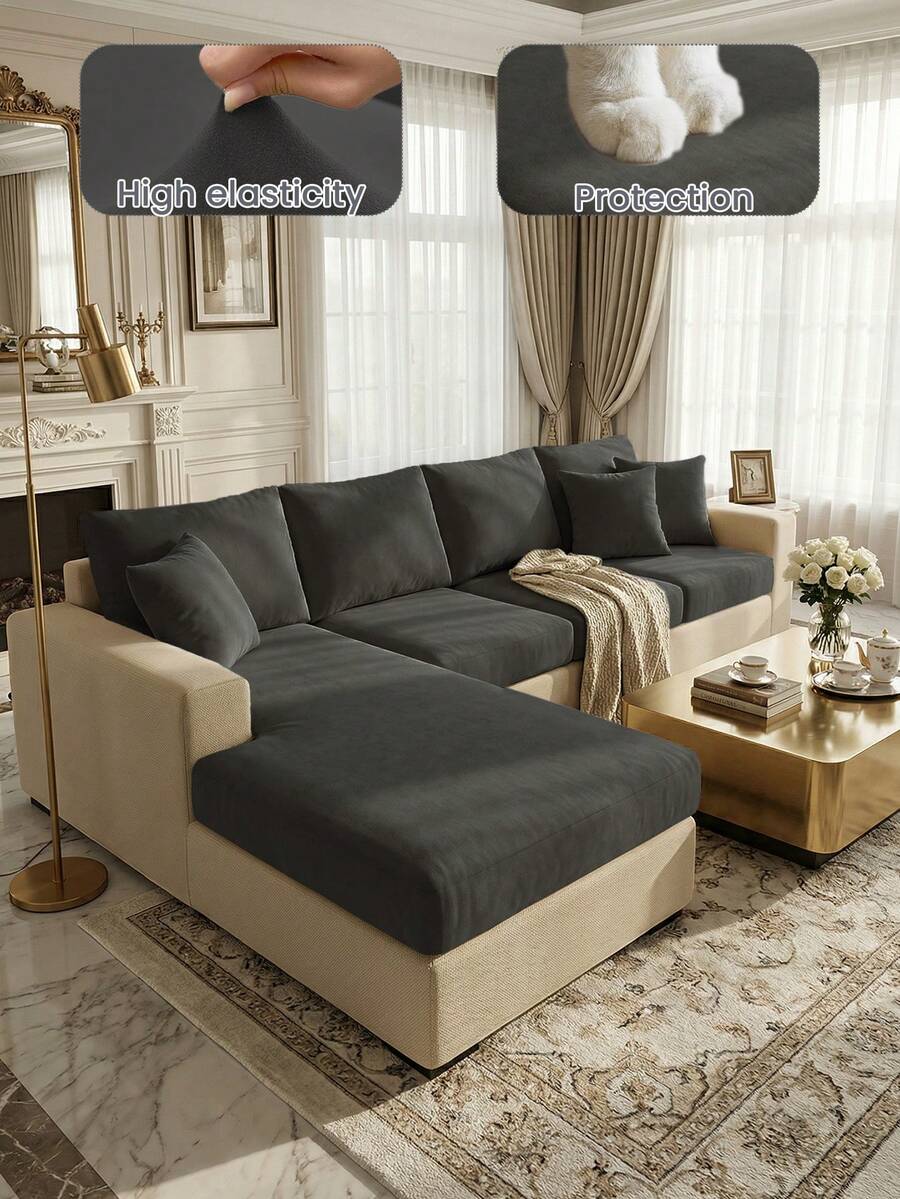 1 tấm bọc ghế sofa chống trượt bằng nhung latex màu xám đậm, mềm mại và thân thiện với da, chống trầy xước do thú cưng, phù hợp với ghế đơn, ghế đôi, ghế ba chỗ và ghế hình chữ L, sử dụng được cả bốn mùa - Màu xám đen - Xem 1