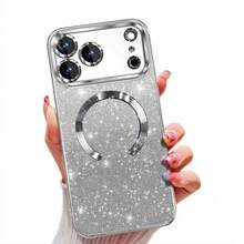 Hadaasi 1pc Silver Electroplated Magnetic Gradient Rhinestone Paper Brushed Space Case With Built-In Lens Protector Film, 2-In-1 Ultra-Thin Phone Case Compatible With Apple 17E/17Pro/17ProMax/Air/17/16Pro/16ProMax/16Plus/16/15Pro/15ProMax/15Plus/15/14Pro/14ProMax/14Plus/14/13Pro/13ProMax/13/12Pro/12ProMax/12/11ProMax/11/11Pro - Silver - View 3