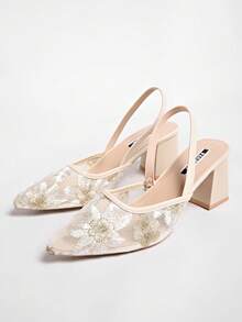 Giày bít mũi cao gót màu trắng kiểu Trung Quốc mới, sandal mũi nhọn thêu ren có thể tháo rời dành cho nữ, giày mùa hè. - Màu be - Xem 4