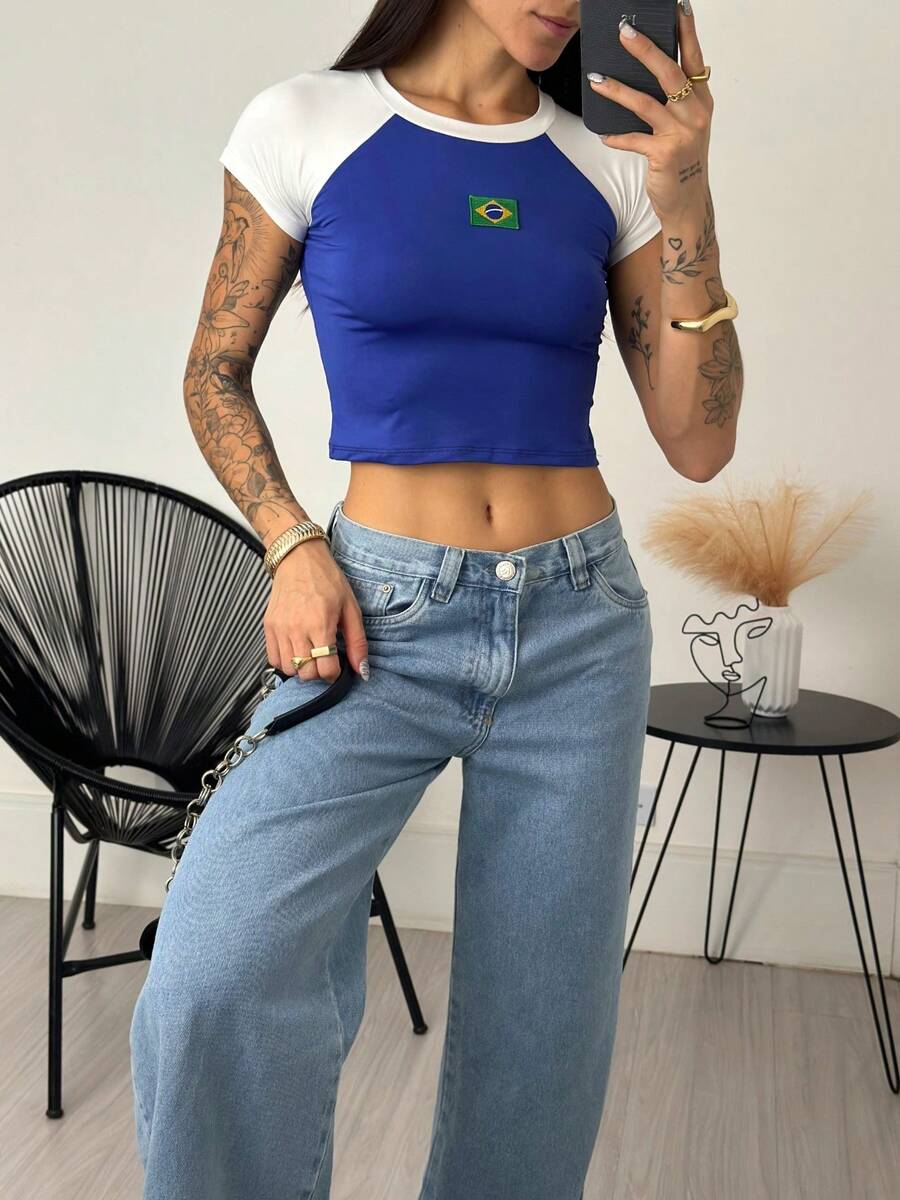 Women's Cropped Blouse Brazil Fitted Raglan Sleeve With Embroidered Patch, Round Neck, Stretch Fabric, Casual Summer Fashion Top, World Cup Top - 藍白色 - 查看 1