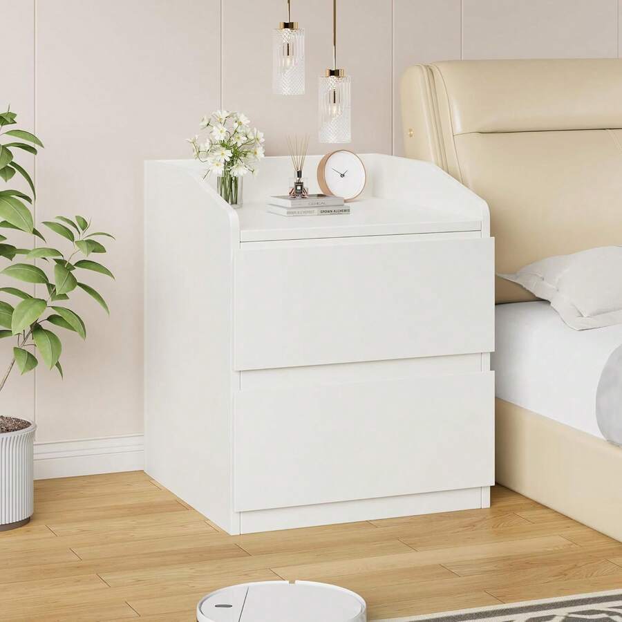 Beaully Modern Nightstand With 2 Drawers Bedside Table, End Table Bed Side Table 2 Drawers Night Stand, Dorm Side Table Curved With Handle Free Design For Living Room - 白色 - 查看 1