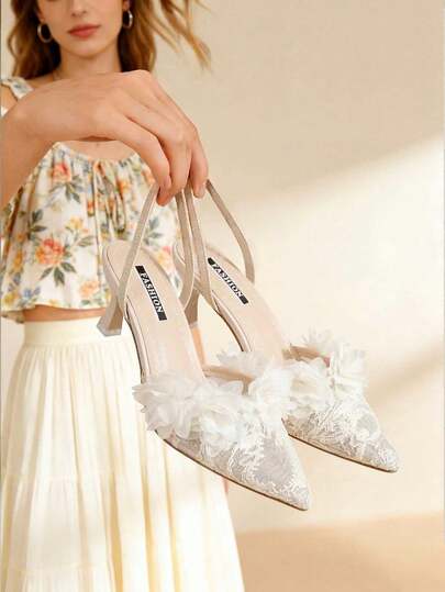 planare Giày sandal cao gót màu be thanh lịch mới dành cho nữ, thiết kế quai hậu với họa tiết hoa, phù hợp cho các buổi hẹn hò, đám cưới và các dịp khác, giày cao gót mũi nhọn mùa hè.