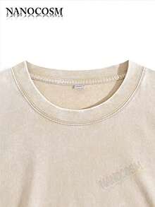 [100% Cotton Top] Cross & Letter Print Washed Tee - Retro Round Neck Breathable Streetwear, Casual Short Sleeve T-Shirt For Summer, Top For All Season-Unisex Women & Men's Daily Wear - 杏色 - 查看 4