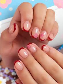 24pcs Summer Short Square Elegant Burgundy Edged Striped Pink Floral Polka Dot Glossy Artificial Nails, Fashion Versatile Wear For Dates, Parties, Spring/Summer, Suitable For Women & Girls, Autumn/Winter Daily Wear, Removable Press-On Nails Set With Jelly Gel And File, Easy To Wear And Durable, Random Jelly Gel Included - Burgundy - View 1