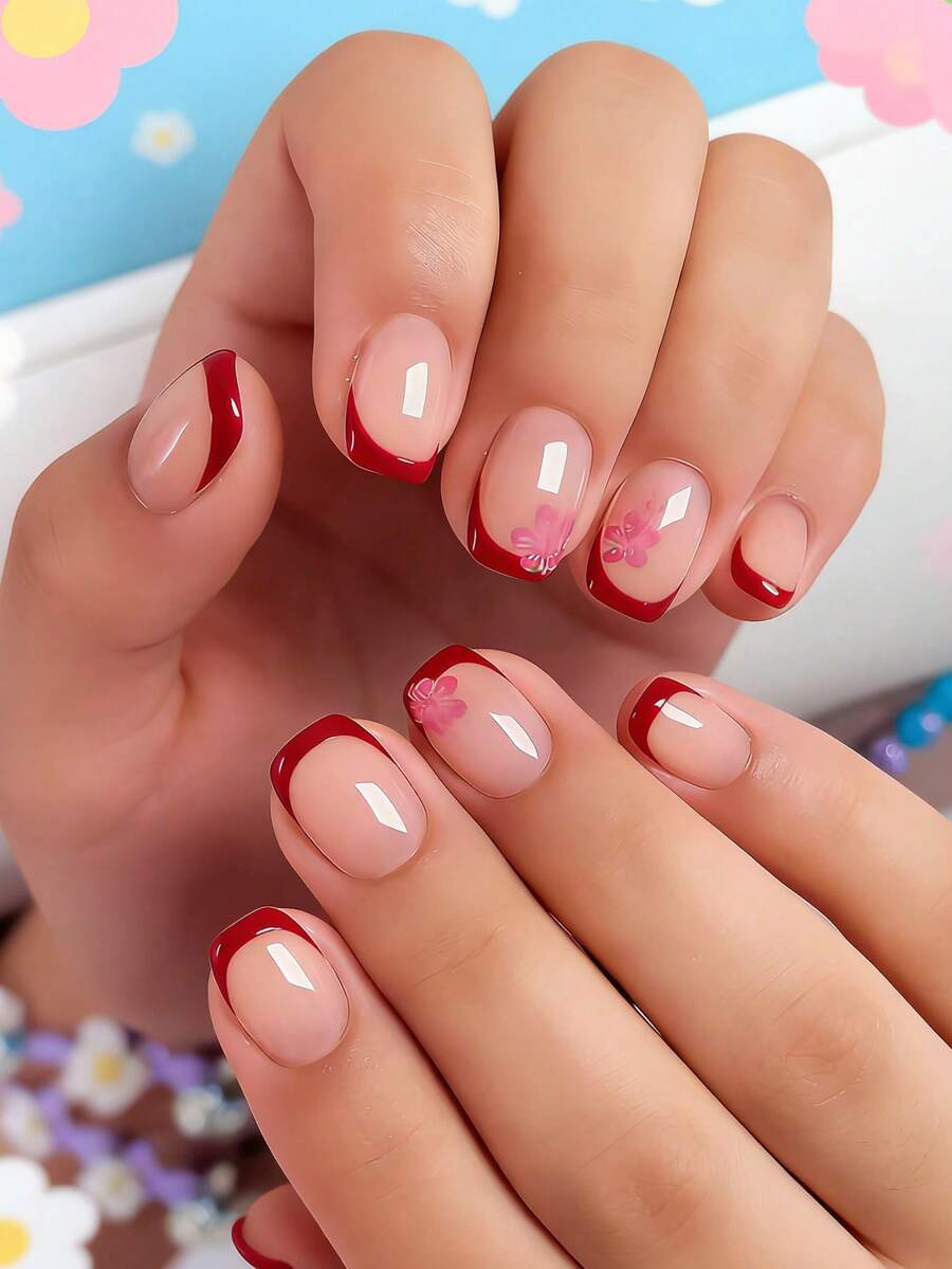 24pcs Summer Short Square Elegant Burgundy Edged Striped Pink Floral Polka Dot Glossy Artificial Nails, Fashion Versatile Wear For Dates, Parties, Spring/Summer, Suitable For Women & Girls, Autumn/Winter Daily Wear, Removable Press-On Nails Set With Jelly Gel And File, Easy To Wear And Durable, Random Jelly Gel Included - Burgundy - View 1