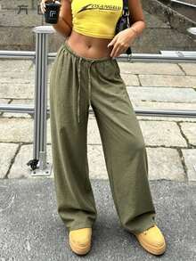 女士轻薄透气休闲裤，军绿色，松紧腰抽绳，宽松垂坠波西米亚风阔腿裤，夏季 - 軍綠色 - 查看 1