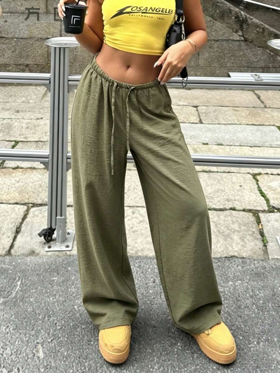 女士轻薄透气休闲裤，军绿色，松紧腰抽绳，宽松垂坠波西米亚风阔腿裤，夏季 - 軍綠色 - 查看 1