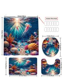 梦幻海底水母浴帘套装(1/3/4件),珊瑚礁贝壳阳光印花防水防霉浴室浴帘,涤纶柔软防滑浴室地垫套装(马桶座套+U型地垫),带12个挂钩,四季皆宜,梦幻海洋主题浴室装饰配件,适合日常居家使用、出租房翻新、节日浴室焕新、淋浴分隔,乔迁/生日/儿童节/母亲节/父亲节礼物 - 深海實景 - 查看 13