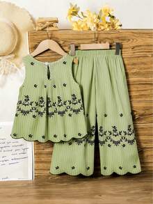 Toddler Girls' Retro Striped Print Sleeveless Set. Retro Striped Pattern With Exquisite Embroidered Hem, Sleeveless Top + Wide-Leg Pants, Comfortable And Stylish, Suitable For Daily Outings, Vacations, Family Gatherings, A Great Choice To Create An Elegant Look For Young GirlSpring/Summer. - Green - View 3