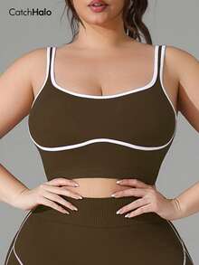 Plus Size Women Seamless Bra, Contrast Color Trim Design, High Elasticity, Soft & Comfortable, Casual Daily Wear For Summer Sports - Coffee Brown - View 7