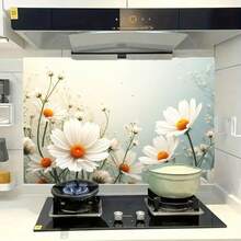 1张白色花卉图案厨房贴纸，PVC材质，适用于厨房、餐厅、咖啡厅台面装饰，2D平面设计，时尚厨房装饰，花卉图案，易于使用，耐用乙烯基材质，即撕即贴，可移除墙贴，适合DIY爱好者和咖啡厅老板。 - A - 查看 3