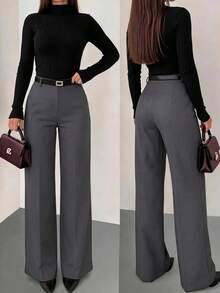 Women's Solid Color Skinny Fitted Straight Leg Pants, Elegant Vacation & Commute Style, No Belt - Grey - View 3