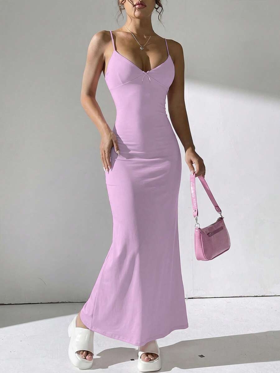 女士性感优雅浪漫日落约会之夜情人节修身蕾丝连衣裙，吊带长裙 - 淡紫色 - 查看 1