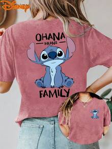Disney License T Shirts,Disney Stitch Lilo & Stitch "Ohana Means Family" Graphic T-Shirt, Women's Oversized Cute Character Print Short Sleeve Tee, Casual Loose Fit Top For Lilo & Stitch Fans, Daily Wear, Disney Trips & Family Themed Outfits ,Camiseta, Summer Outfits For Women, Summer Clothes, Summer Tops, Tops For Women, Festival Outfits, Summer Tops For Women, Mother's Day, Mother's Day Clothing, Gifts For Family And Friends, Spring Outfits For Women, Officially Licensed Disney T-Shirts, Disney Men's And Women's Spring/Summer Fashion Casual Short-Sleeve T-Shirts - Hot Pink - View 1
