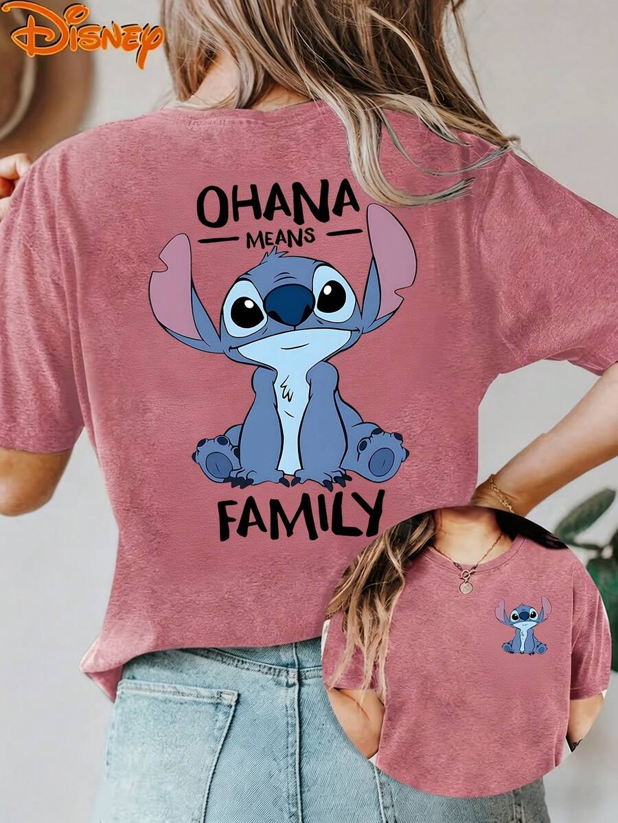Disney License T Shirts,Disney Stitch Lilo & Stitch "Ohana Means Family" Graphic T-Shirt, Women's Oversized Cute Character Print Short Sleeve Tee, Casual Loose Fit Top For Lilo & Stitch Fans, Daily Wear, Disney Trips & Family Themed Outfits ,Camiseta, Summer Outfits For Women, Summer Clothes, Summer Tops, Tops For Women, Festival Outfits, Summer Tops For Women, Mother's Day, Mother's Day Clothing, Gifts For Family And Friends, Spring Outfits For Women, Officially Licensed Disney T-Shirts, Disney Men's And Women's Spring/Summer Fashion Casual Short-Sleeve T-Shirts - Hot Pink - View 1