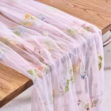 Embroidered Sage Green Tulle Table Runner With Butterfly Flower Design | Ideal For Weddings, Spring/Summer Parties, And Various Occasions, Polyester Fabric - Small Floral Pattern - View 5