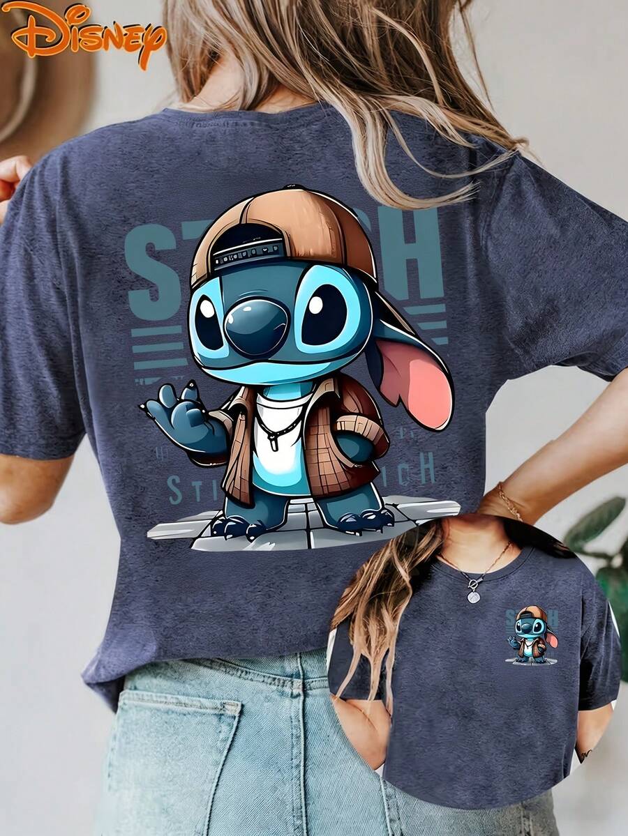 Disney License T Shirts,Disney Lilo & Stitch Streetwear Stitch Women's Graphic T-Shirt, Retro Cool Stitch Cap Jacket Cartoon Print, Crew Neck Casual Loose Fit Short Sleeve Tee, Y2K Aesthetic Summer Tops For Disney Theme Park Vacation, Daily Wear, Stitch Lover Gift ,Camiseta, Summer Outfits For Women, Summer Clothes, Summer Tops, Tops For Women, Festival Outfits, Summer Tops For Women, Mother's Day, Mother's Day Clothing, Gifts For Family And Friends, Spring Outfits For Women, Officially Licensed Disney T-Shirts, Disney Men's And Women's Spring/Summer Fashion Casual Short-Sleeve T-Shirts - 藍色 - 查看 1