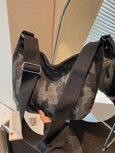 Retro Camouflage Commuter Tote Bag, Niche Design Crossbody Bag, Streetwear Large Capacity Shoulder Bag