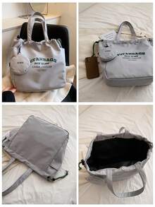 Korean & Japanese Style Drawstring Canvas Tote Bag With Coin Purse, 2pcs Set, Fashion Minimalist Large Capacity Shoulder Bag, Casual Versatile Letter Print Handbag, Suitable For Daily Use, School, College, Short Trip - Grey - View 10