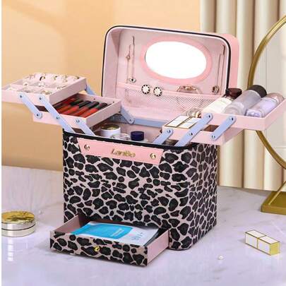 豹纹大容量化妆箱带镜子，便携式旅行化妆包带抽屉和多层隔层，防水化妆品收纳盒，可存放化妆品、珠宝、洗漱用品，专业化妆箱，适合女性和女孩，时尚化妆包，适用于旅行、居家、宿舍。