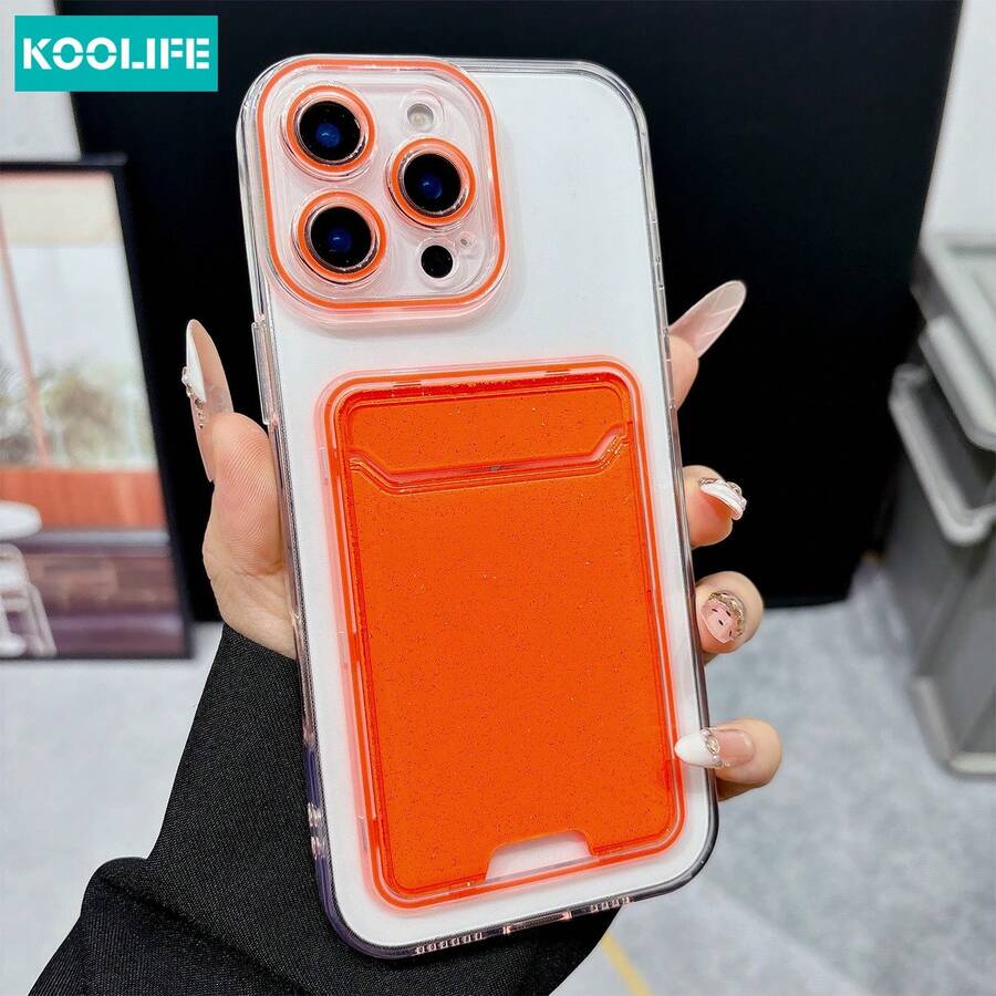 Koolife 橙色透明卡槽手机壳，单件装，精准开孔，吸震软TPU钱包式保护套，适用于 11-17 Pro Max Plus，简约透明设计，男女通用