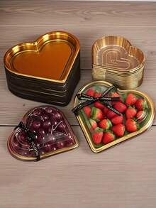 1/2/3 piezas Bandejas de plástico con forma de corazón con tapas - Contenedores de aperitivos de gran capacidad multiusos, adecuados para frutas, sushi, verduras, ensalada y tabla de quesos - Diseño transparente, borde dorado - Perfecto para fiestas, días festivos y regalos - Multicolor - Ver 3