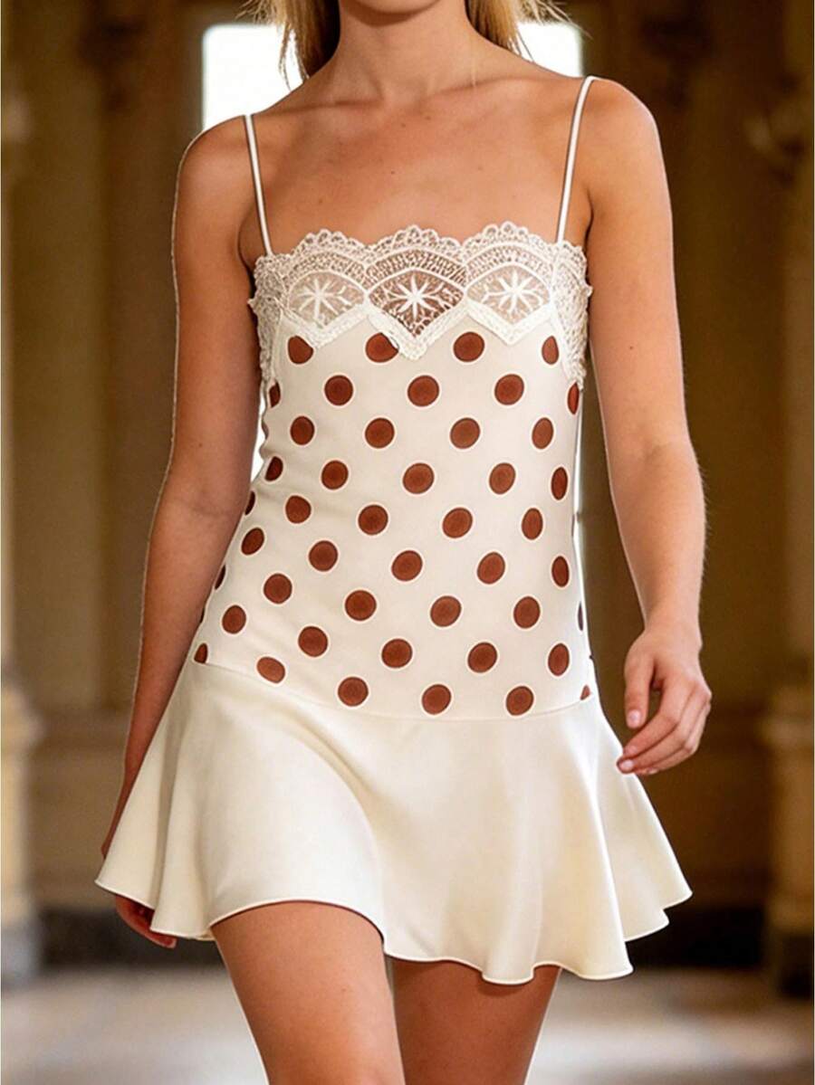 Women's Dots Print Mini Dress Sleeveless Spaghetti Strap Flare Dress Summer Casual Dress - Marrón - Ver 1