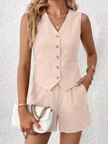 Women's Summer Clothes Tanktop 2 Piece Sets Outfits Sleeveless Matching  Button Down V Neck Vest Waistcoat And Pockets Going Out Short Sets Beige Vacation Summer Brunch Outfits For Women - Màu be - Xem 4