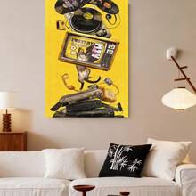 Con marco 1 póster vertical retro de gato y gadgets tecnológicos - Arte adhesivo vintage moderno Art Deco para colgar en pared, adecuado para dormitorio, residencia estudiantil - Decoración de invierno/primavera, regalo para amantes del estilo retro - Enmarcado - Ver 3