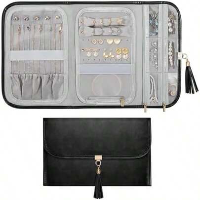 Emibele Travel Jewelry Organizer For Women, Waterproof Portable Leather Jewelry Roll Bag Storage Pouch, Foldable Tangle Free Travel Jewelry Case Holder For Necklace Earrings Bracelet Rings, Black