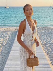 女士新款夏季露背罩衫连衣裙，波西米亚风格，长款优雅连衣裙，非常适合约会、海滩度假。 - 白色 - 查看 1