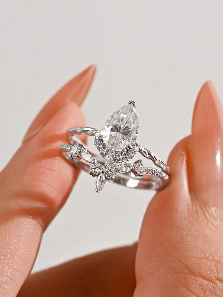 2 piezas/Set Anillos apilables de estilo nupcial romántico con gota de agua, rama y hoja, chapados en oro blanco con circonita, para mujer, temporada de bodas, fiesta, vacaciones, compromiso y atuendo - Plateado - Ver 1