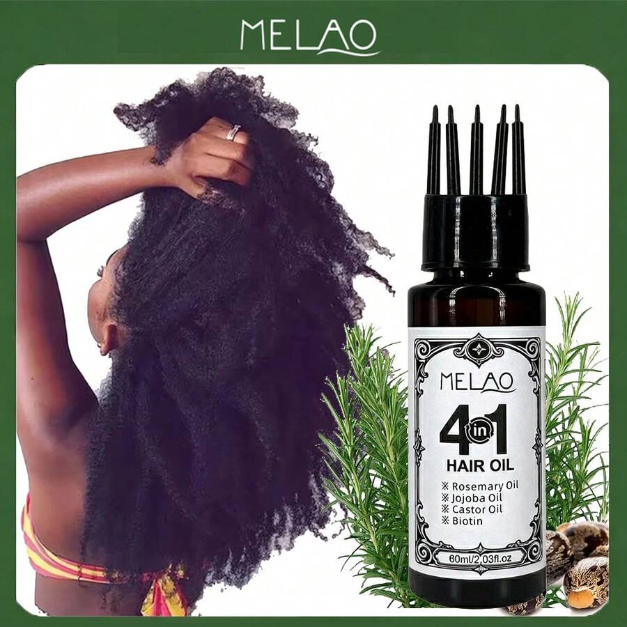 Dầu dưỡng tóc 4 trong 1, MELAO hương thảo, dầu jojoba, dầu thầu dầu và biotin, thích hợp cho tóc khô, hư tổn, xơ rối, nuôi dưỡng và làm mượt, mang lại độ bóng và mềm mại vượt trội, công thức nhẹ không gây nhờn, phục hồi và tăng cường sức khỏe cho tóc, 60ml/2.03 fl oz - Kích thước du lịch - Xem 1