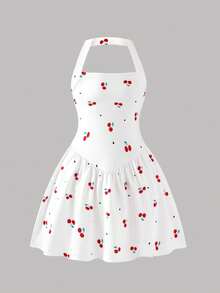 Girls' Sweet Cherry Print Spaghetti Strap Dress, With Ruched Waist And Flared Hem, Suitable For Vacation And Everyday Wear - White - View 3
