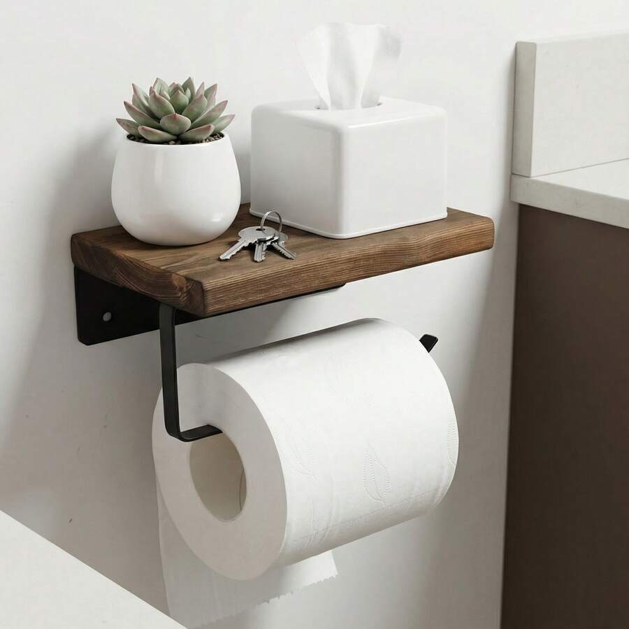 Multi-Function Toilet Paper Holder, Wooden Wall-Mounted Toilet Paper Rack, No Drill Installation Bathroom Tissue Holder, Phone Shelf & Fragrance Display - Black - View 1