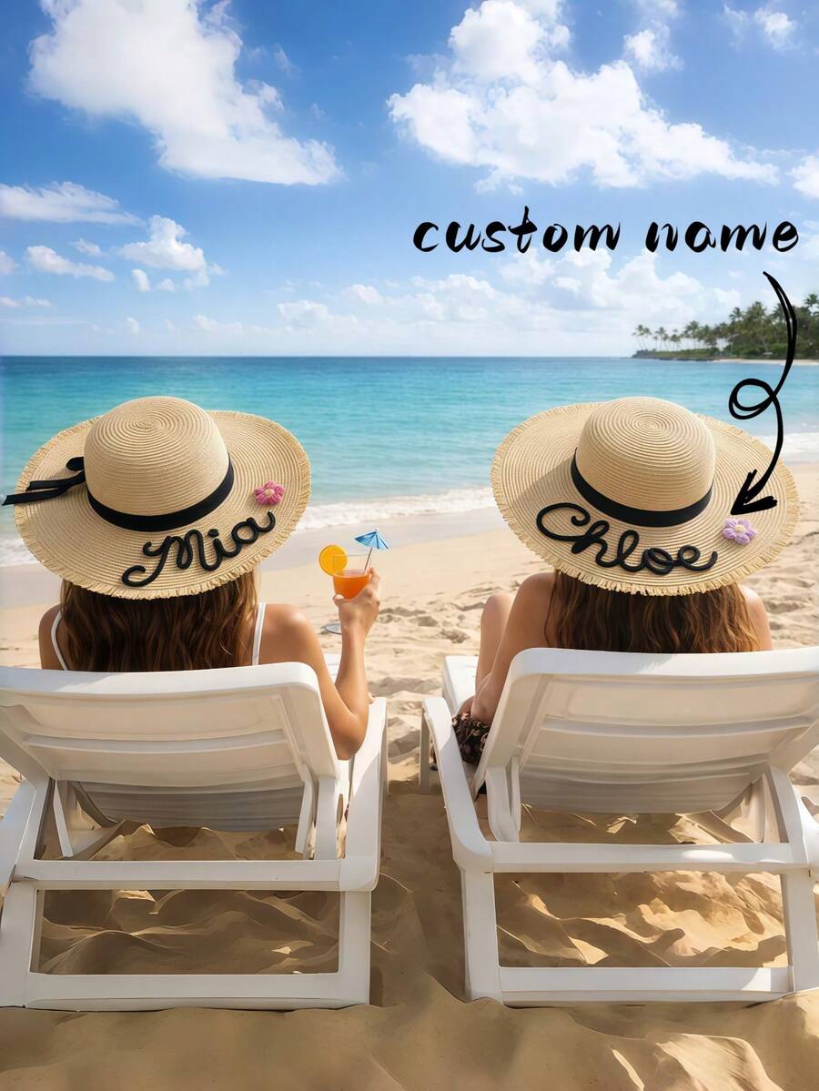 1pc Personalized Woven Sun Hat With Embroidered Ribbon, Custom Wide Brim Beach Hat, Personalized Item, Can Be Customized, Single Party/Bridal Shower Gift, Bridal Accessories, Groomsman Gift, Bridesmaid Proposal Gift, Bridal Party And Bachelorette Gift, Mother's Day Gift, Teacher's Day Gift, Gift For Her, Women's Gift, Suitable For Beach, Travel Essential, Travel, Summer, Women's Beach Accessory - Multicolor - View 1
