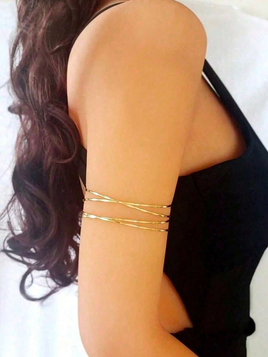 1pc Women's Metal Texture Stripe Bracelet, Multi-Layered Retro Wrap Style, New High-End Hand Ornament, Armlet - 金色 - 查看 1