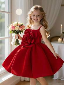 Ärmellose Mädchen Festkleid mit 3D Blumen Lagen und Volants, elegant für Geburtstagsfeiern, geeignet für Schultanz, Ausflüge, ohne Haarband - Bordeaux - Übersicht 3