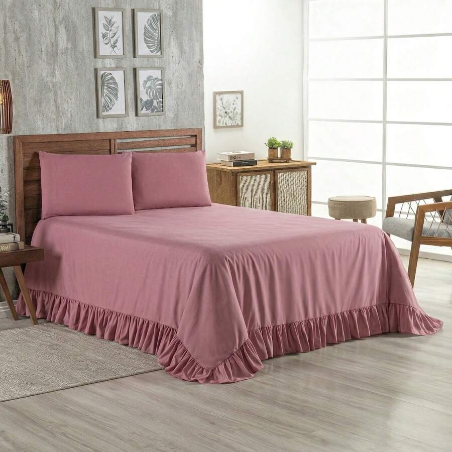 Laila 400 Thread Count Quilt With Ruffle, Single, Double, Queen, King, 2 And 3 Piece Bedspread - 乾枯玫瑰色 - 查看 1