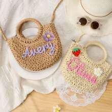 1pc Personalized Spring/Summer Fashion Straw Woven Bag, Handheld/Shoulder/Crossbody, Floral, Perfect For Party/Wedding/Bridesmaid Outfit, Gift For Her - Multicolor - View 8