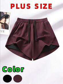 1 件大码女式短裤，二合一纯色衬里二合一运动裤，松紧腰双层短裤，适合夏季跑步、运动、瑜伽、健身 - 酒紅色 - 查看 3