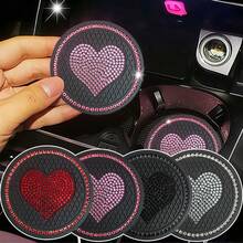 2 Stück funkelnde Strass-Herzförmige Getränkehalter, süßes Design elegant & auffallend, rutschfest stoßabsorbierend für eine veredeltes & komfortables Autoinnere - 2 Stück Strass-Herz-Untersetzer - Übersicht 10