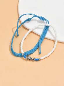 2 chiếc vòng chân phong cách biển Bohemian tinh tế, thời trang và thanh lịch: Hình cá ngựa và họa tiết hạt cườm, phù hợp cho phụ nữ mặc hàng ngày, dự tiệc, đi biển hoặc đi nghỉ mát. - Màu xanh lam - Xem 3